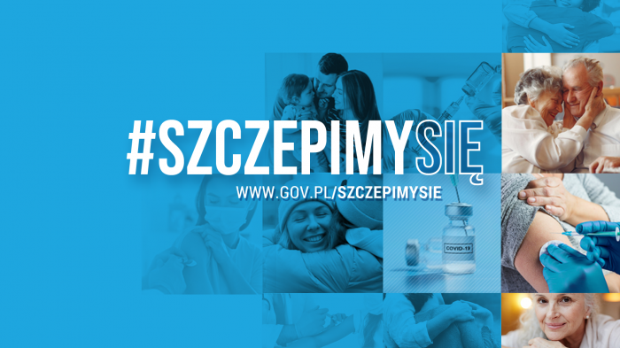 Grafika promująca kampanię. W centrum hasło: #SzczepimySię. W tle w kwadratowych polach zdjęcia: przytulające się osoby, kobieta w maseczce, szczepienie, szczepionka itp. Na część pól nałożony niebieski filtr.