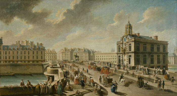Fotografia obrazu z XVIII w. Na moście widać spacerujących ludzi, w tle zabytkowe budowle oraz niebo z chmurami. 