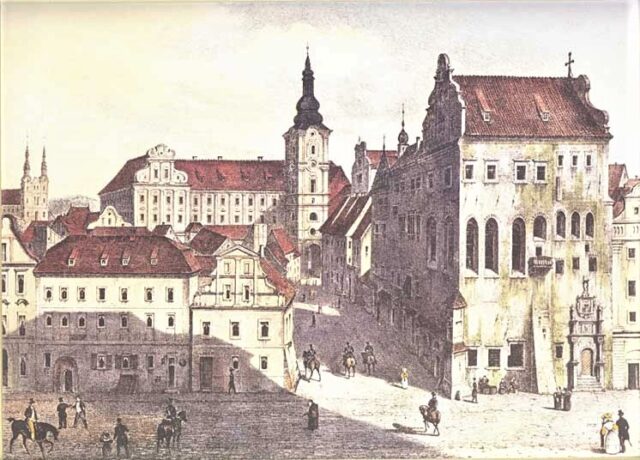 Grafika artykułu: archiwalny rysunek Pałacu Górków, wokół budowli widać spacerujących i ludzi na koniach. 