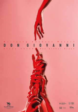 Grafika artykułu: Plakat promujący przedstawienie "Don Giovanni", na różowym tle z dołu i góry widać na czerwono oświetlone dłonie, które się do siebie zbliżają. Na dole plakatu logotypy organizatorów i podmiotów finansujących wydarzenie. 