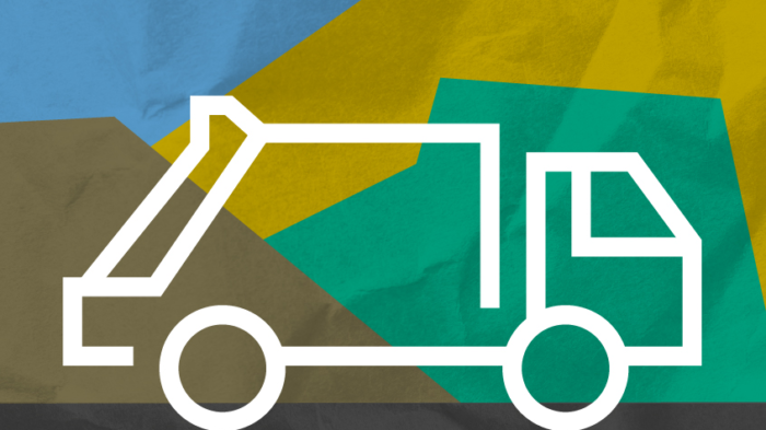 Grafika artykułu: plakat informujący o akcji "Gratowóz" - grafika białego samochodu ciężarowego na żółto-zielono-niebiesko-szarym tle.