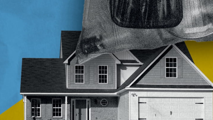 Grafika artykułu: plakat akcji dotyczącej opłat za odpady - na niebiesko-żółtym tle biało-czarna grafika domu, ponad domem unosi się worek z odpadami.