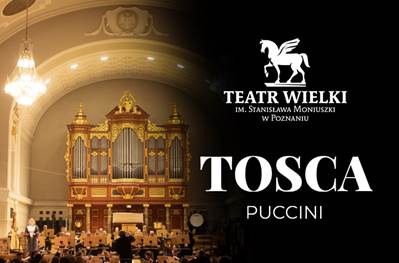Grafika artykułu: plakat promujący koncert "Tosca" Teatru Wielkiego w Poznaniu, białe napisy informujące o wydarzeniu z prawej strony na czarnym tle, po lewej stronie zdjęcie wnętrza Auli Uniwersyteckiej w Poznaniu.