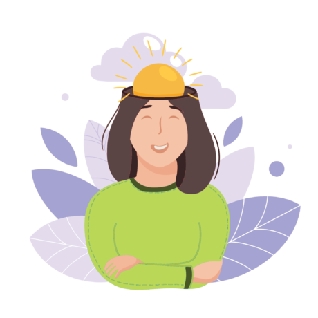Grafika artykułu: w centrum kobieta, ma brązowe włosy, jest uśmiechnięta, na czubku jej głowy znajduje się świecąca się żarówka, w tle fioletowe liście i chmury. 