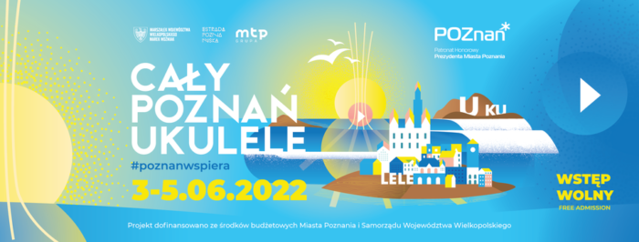 Grafika artykułu: plakat promujący wydarzenie cały Poznań Ukulele - na niebieskim białe i żółte napisy ze szczegółowymi informacjami, pośrodku grafika przedstawiająca budynek, słońce, ptaki, na dole białe logotypy partnerów wydarzenia.