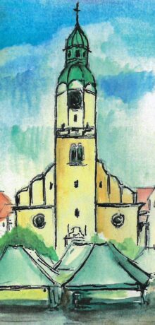 Grafika artkułu: Rysunek Rynku Wildeckiego z widokiem na kościół i budki targowe. 