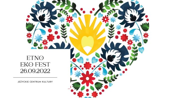 Grafika wydarzenia: W centrum serce składające się z kolorowych wzorów ludowych, po lewej stronie, na białym polu tytuł i miejsce festiwalu.
