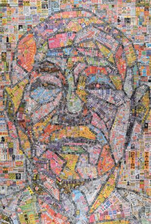 Grafika artykułu: Plakat przedstawiający twarz mężczyzny, kolaż wykonany z wielu wycinków z gazet. 
