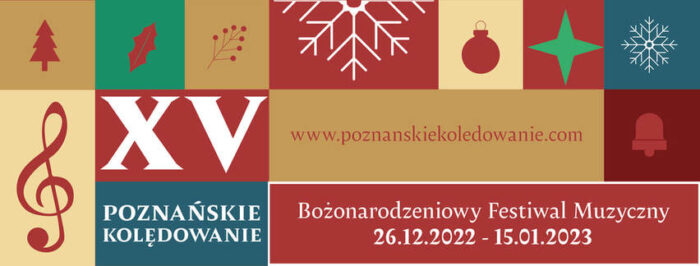 Grafika artykułu: geometryczna mozaika składająca się z kolorowych kwadratów i prostokątów. Na niektórych polach znajdują się napisy dotyczące XV Poznańskiego Kolędowania. W pozostałych znajduje się klucz wiolinowy oraz świąteczne ikony.