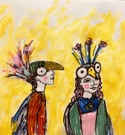 Grafika artykułu: obrazek wykonany farbami, na żółtym tle dwie postacie. Po prawej stronie dziewczynka patrzy na wprost, po lewej stronie chłopiec zwrócony w stronę dziewczynki. Na głowach mają maski imitujące ptasie głowy i pióra. 