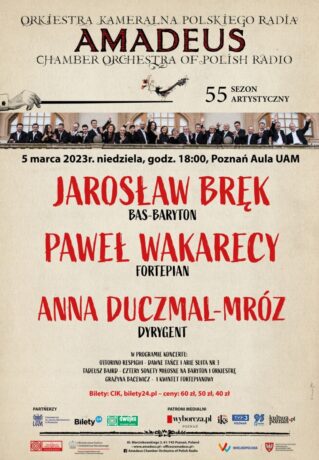 Grafika artykułu: plakat informacyjny, w centrum na mlecznym tle czerwono-czarne napisy informujące o artystach i programie koncertu, na górze napis "Orkiestra Kameralna Polskiego Radia „Amadeus"" oraz zdjęcie muzyków.