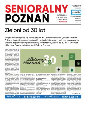 Grafika artykułu: pierwsza strona majowego wydania gazety Senioralny Poznań, w centrum tytuł artykułu "Zieloni od 30 lat" oraz zielona grafika z napisem "Zielony Poznań 30 lat".