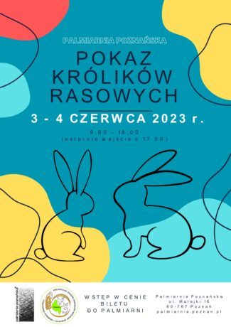 Grafika artykułu: plakat informacyjny, na niebieskim tle szkic sylwetki dwóch królików, powyżej napis: "Poznańska Palmiarnia, Pokaz królików rasowych, 3-4 czerwca 2023 r.", w narożnikach czerwona i dwie żółte kolorowe plamy, na dole plakatu na białym pasku szczegółowe informacje o wydarzeniu.