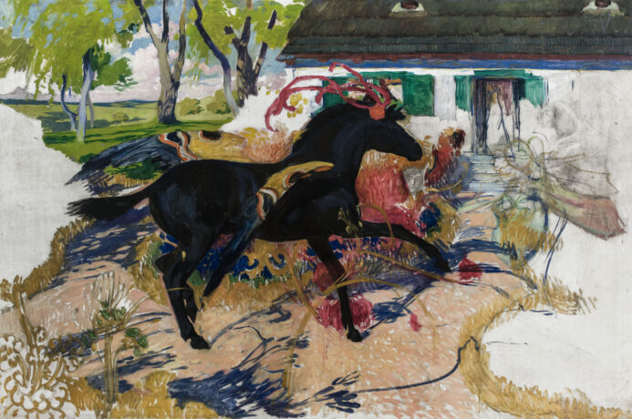 Grafika artykułu: Obraz Józefa Mehoffera "Pegaz wśród kwiatów", w centrum czarny koń na tle wiejskiej chaty, wokół konia kolorowe linie. 