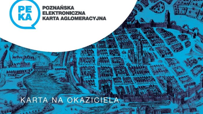 Grafika artykułu: awers karty PEKA z okazji 770-lecia lokacji Miasta Poznania, w lewym górnym rogu logotyp karty PEKA, na pozostałej części rycina miasta Poznania, na którą nałożono niebieski filtr.