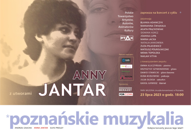 Grafika artykułu: plakat informacyjny, po lewej stronie zdjęcie Anny Jantar, kobieta ma krótkie, czarne kręcone włosy, patrzy w prawo, po prawej stronie na brązowym tle szczegółowe informacje o wydarzeniu, na dole napis: "poznańskie muzykalia. Anna Jantar". 