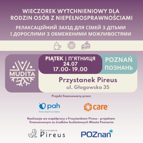 Grafika artykułu: plakat informacyjny, na fioletowym tle napis: "wieczorek wytchnieniowy dla rodzin osób z niepełnosprawnościami", poniżej szczegółowe informacje o wydarzeniu w języku polskim i ukraińskim oraz logotypy partnerów akcji.