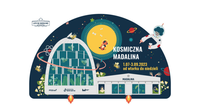 Grafika artykułu: W centrum zajezdnia tramwajowa na Madalinie przypominająca startującą rakietę, nad dachem zajezdni duże słońce, w tle granatowe niebo z planetami i gwiazdami. 