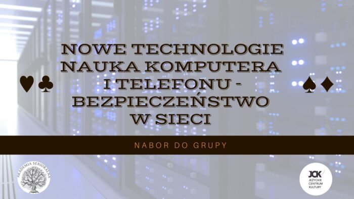 Grafika artykułu: w centrum brązowy napis: "Nowe technologie, nauka komputera i telefonu - bezpieczeństwo w sieci", w tle zdjęcie serwerowni.