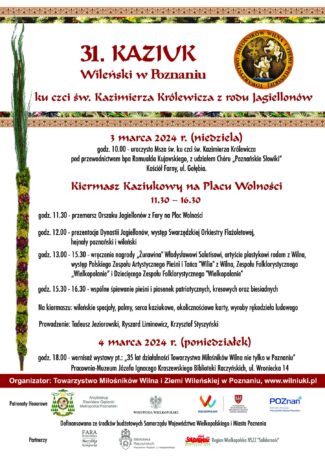 Harmonogram wydarzeń Kaziuków Poznańskich 2024 r. w formie plakatu.