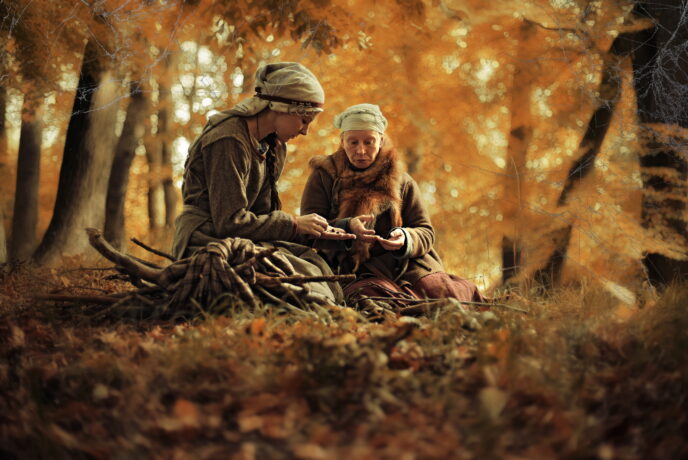 Fotografia przedstawia dwie kobiety w szarych sukniach, siedzące w lesie.