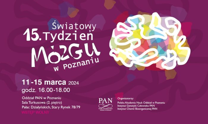 Grafika promująca wydarzenie: "Tydzień mózgu". Tło bordowo-różowe z białymi napisami i kolorowym mózgiem.