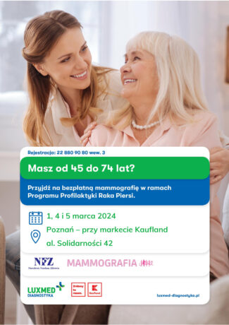 Plakat informujący o bezpłatnych badaniach mammograficznych. W tle zdjęcie dwóch uśmiechniętych kobiet.
