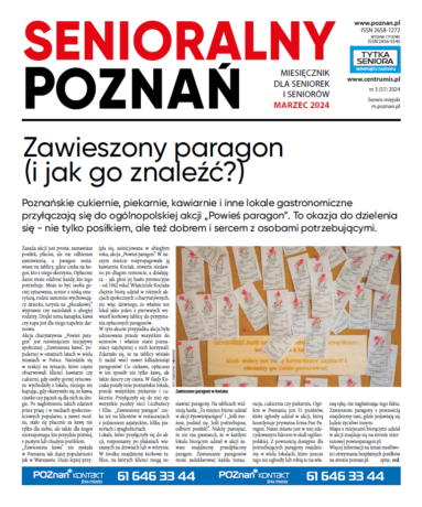 Grafika artykułu: pierwsza strona marcowego wydania gazety Senioralny Poznań, w centrum tytuł artykułu "Zawieszony paragon (i jak go znaleźć?)", poniżej zdjęcie tablicy korkowej, na której przypięte są paragony.