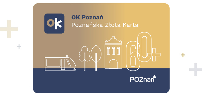 Grafiak przedstawia Poznańską Złotą Kartę. Żłota karta z białymi konturami tramwaju, drzew, budynku i "60+". W lewym górnym rogu logo "OK Poznań"